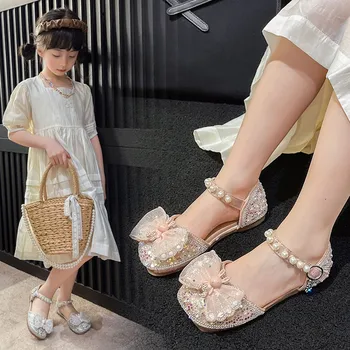 Обувь принцессы для девочек, летняя детская обувь на подошве, украшенная жемчугом, модные сандалии-горки для девочек, Пасхальные сандалии для девочек.
