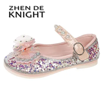 Обувь Принцессы для девочек 2023 года, Весенне-Осенние Новые Модные Туфли с бантом и блестками, Украшенные кристаллами, Повседневная Детская Кожаная обувь На Мягкой подошве