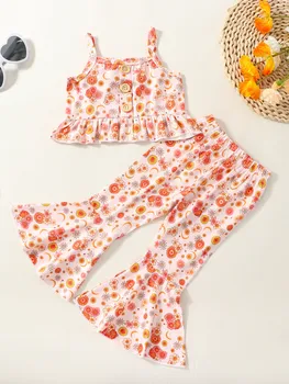 Одежда Для маленьких девочек, расклешенные штаны с цветочным рисунком, топы на бретельках с рюшами, комплект расклешенных штанов в рубчик (оранжевый 2-3)