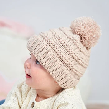 Однотонная Жаккардовая детская шапочка-бини, Зимняя Милая шапочка для малышей, теплая вязаная шапочка с помпоном для мальчиков и девочек