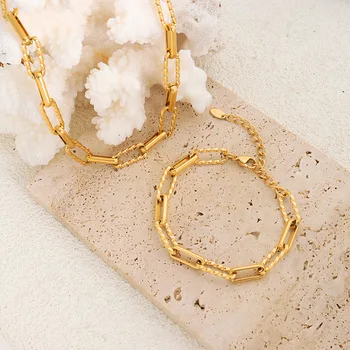 Ожерелье и браслет из кубинской цепочки в стиле хип-хоп Оптом, Наборы ювелирных изделий из нержавеющей стали золотого цвета.