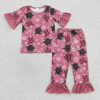 Оптовая продажа, комплект для маленьких девочек с короткими рукавами в западном стиле, рубашки с коровьим цветком, футболка, детские штаны с кактусом, пижамы, детская одежда