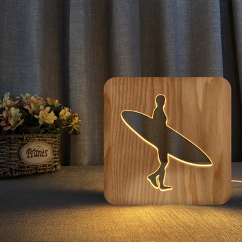 Оптовый спортсмен по водным видам спорта, 3D деревянный Ночник, светодиодная лампа в стиле серфинга с USB-управлением, 3D Ночник для спальни Luminaria, Подарок на День Рождения