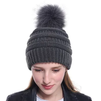 Осенне-зимние Новые шапки-бини с помпоном из искусственного лисьего меха для женщин, Вязаная шапка