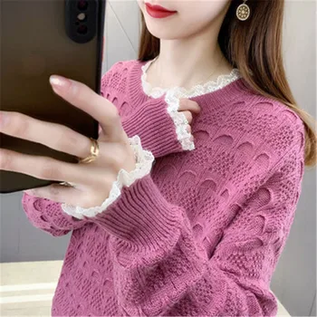 Осенне-зимние пуловеры Женские Корейская мода кружевная строчка Baisc свитер женский 2023 новый свободный женский вязаный свитер верхняя одежда