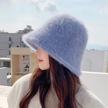 Осенне-зимняя новая женская японская теплая панама из кроличьей шерсти для путешествий на открытом воздухе, модная однотонная шляпа-горшок с круглым верхом