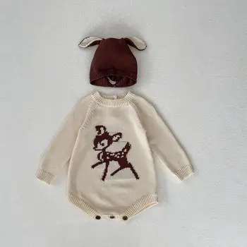 Осеннее боди с длинными рукавами для маленьких мальчиков и девочек, вязаная цельнокроеная одежда с Пятнистым оленем, хлопковый комбинезон с рисунком для новорожденных младенцев