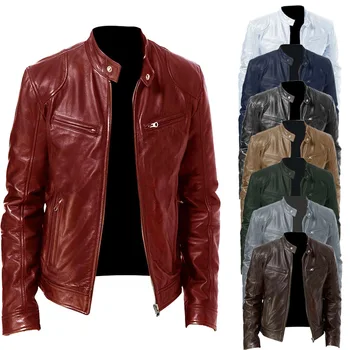 Осенняя новая мужская мотоциклетная кожаная куртка, Приталенная короткая куртка с лацканами, куртки из искусственной кожи на молнии, ветрозащитное кожаное пальто, мужская одежда