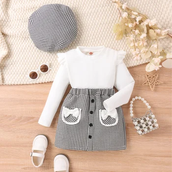 Осенняя юбка для девочек 3-7 лет, детские топы с длинными рукавами и оборками + Клетчатые мини-юбки + Берет, комплект детской одежды из 3 предметов