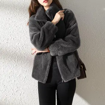 Офисное женское пальто из однотонного искусственного меха осень-зима, теплая милая куртка для повседневной носки