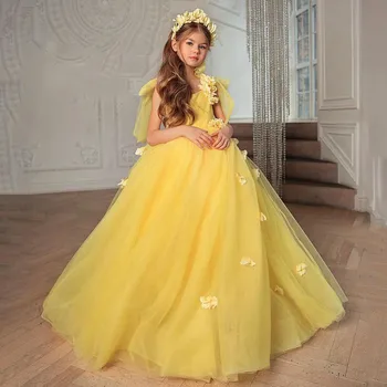Платье в цветочек для девочек, желтое пышное тюлевое платье с круглым вырезом, без рукавов, с бантом, аппликация на ремешке, Элегантное свадебное платье в цветочек для детского причастия