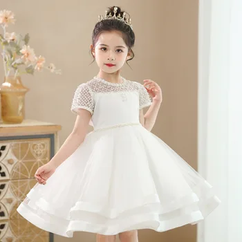 Платье с бусинами для девочек, милое темпераментное платье принцессы, детское летнее платье, платья с цветочным узором для девочек, свадебное вечернее платье