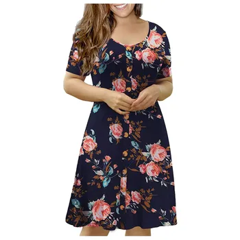 Платье с коротким рукавом и пуговицами с цветочным принтом, женское платье с рукавом летнего размера, дорожное платье для женщин