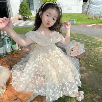 Платья для девочек 2023 Новая Модная Детская Летняя Одежда Сетчатая Юбка С Украшением в виде Бабочки Платье принцессы