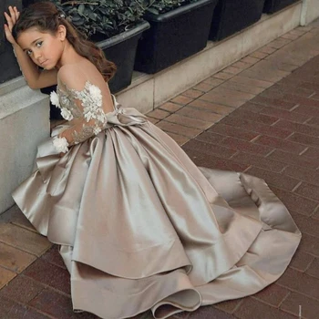 Платья для девочек-цветочниц, атласная юбка с вышивкой и длинным рукавом в цветочек для свадьбы, банкета, Дня рождения, платья принцессы