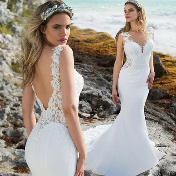 Пляжные свадебные платья Русалка с круглым вырезом, кружевные аппликации, свадебное платье невесты в стиле бохо, vestidos de novia estilo sirena