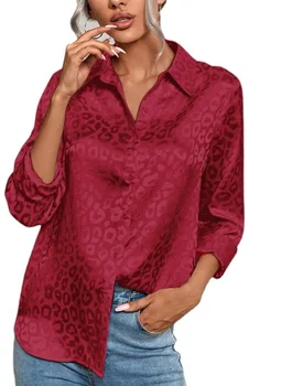 Повседневная атласная блузка с длинным рукавом, женские Элегантные жаккардовые блузки, Весна-осень, топ с леопардовым принтом, майки, Блузка, женская одежда