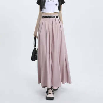 Повседневная юбка с высокой талией для Женщин, Новое Поступление 2023, Модный Корейский Стиль, Однотонная Универсальная Женская Элегантная Длинная юбка Трапециевидной формы