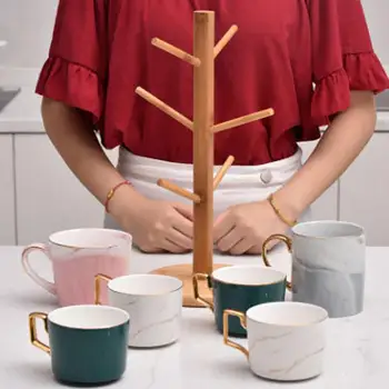 Подставка для кофейных чашек, вешалка для чашек из цельного дерева, деревянный держатель для кружек, дерево, 6 крючков, сверхмощный многофункциональный органайзер для чашек для чая и кофе
