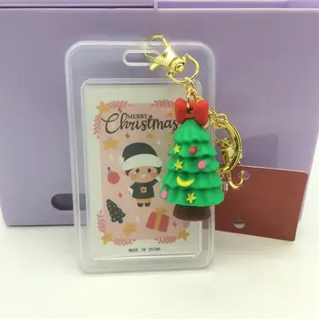 Прозрачный держатель для карт, двухсторонние водонепроницаемые пластиковые держатели для карт с праздничной рождественской елкой, брелки с подвеской в виде снеговика