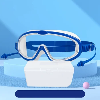 Противотуманные очки для плавания в большой оправе с силиконовыми затычками для ушей для мальчиков и девочек, водонепроницаемые очки для плавания и дайвинга высокой четкости