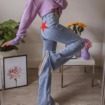 Прямые женские джинсы в стиле ретро с пятиконечной звездой, дизайн в европейском и американском стиле, облегающие брюки универсальной длины