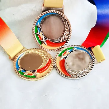 Пустые Медали Цветная Медаль с Цветной Лентой 6,8 мм Золотого, Серебряного, Медного цвета Медаль со Звездами