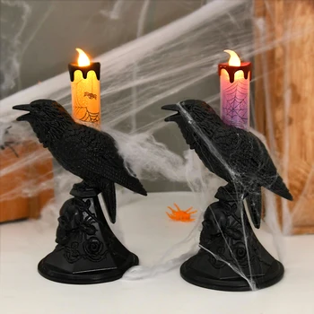 Реалистичная статуя Черного Ворона на Хэллоуин, Светящийся подсвечник, светодиодные свечи, настольная лампа с вороном в стиле Хеллоуин, Страшные украшения