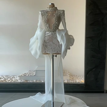 Реальное изображение Короткие вечерние платья из белого бисера, блестящие кружевные платья Макси, сексуальное иллюзионное свадебное платье с расклешенными рукавами