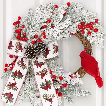Рождественский елочный венок из красных ягод и птиц-Кардиналов, Рождественское украшение, Рождественский декор, Венок для двери, зеркала, окна, стены, Декор для дома