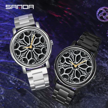 Роскошные мужские часы с 3D колесом, вращающийся на 360 градусов обод колеса, циферблат, Модная кожа, нержавеющая сталь, спортивные Водонепроницаемые мужские кварцевые часы