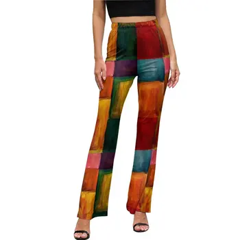 Роспись брюк цветными блоками Абстрактные клетчатые Сексуальные брюки-клеш с высокой талией Летние графические уличные брюки Подарок на день рождения
