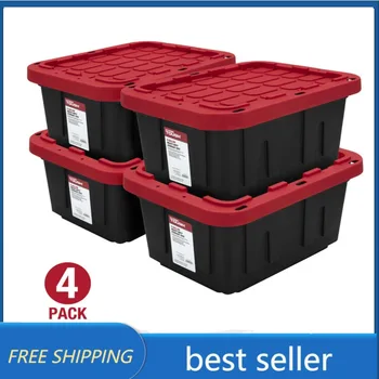 Сверхпрочный набор пластиковых контейнеров для хранения с защелкивающейся крышкой объемом 4-5 галлонов, черные с красной крышкой Контейнеры для хранения