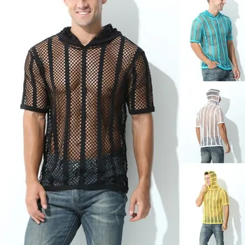 Сексуальная мужская индивидуальность, облегающий сетчатый топ, перспективная футболка с короткими рукавами и капюшоном