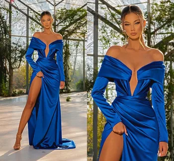 Сексуальные выпускные платья русалки королевского синего цвета большого размера с открытыми плечами, длинными рукавами, разрезом по бокам и шлейфом для официальных мероприятий