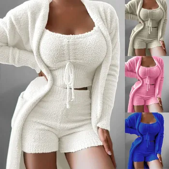 Сексуальные Зимние плюшевые женские комплекты из плюшевого бархата, пижамный комплект из 3 предметов, пижамные топы + Шорты + кардиган, пальто, спортивный костюм, одежда для отдыха