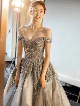 Серое коктейльное платье с блестками, бальное платье с открытыми плечами, винтажное платье с вырезом лодочкой, вечерние платья знаменитостей на шнуровке, принцессы, церемонии 2023 г.