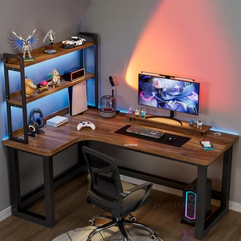 Скандинавские угловые компьютерные столы Домашний двойной игровой стол для офисной мебели Дизайнерский L-образный офисный компьютерный стол с книжной полкой