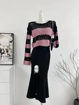 Сладкий полосатый свитер, женский свитер с круглым вырезом, вязаный пуловер оверсайз Gyaru Violet, мешковатый модный Корейский джемпер с вырезами, осень-зима