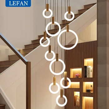 Современная светодиодная люстра Деревянное освещение для гостиной Акриловые кольцевые подвесные светильники светильники составная лестница подвесные светильники в стиле деко