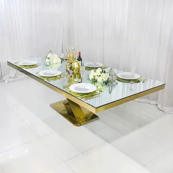 современный дизайн зеркальной стеклянной столешницы с рамой из нержавеющей стали для свадебного торжества gold hotel обеденный стол