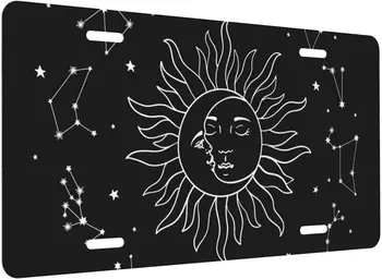 Солнце Луна Номерной Знак Зодиакальная Графика Абстрактная Тема Белый Черный Автомобильный Глянцевый Металлический Номерной Знак Алюминий 12x6 Дюймов