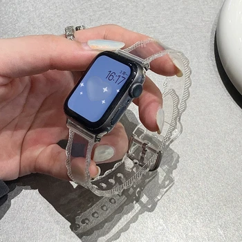 Спортивный прозрачный ремешок с Милым Кружевным Краем Для Apple Watch 8 7 6 SE 5 4 Прозрачный Пластиковый ремешок Для iwatch 38 мм 49 мм 40 44 42 41 45