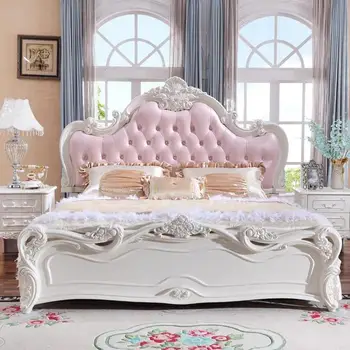 Стиль Главная спальня с двуспальной кроватью, минималистичная кровать принцессы, свадебная кровать из массива дерева, Современная бытовая мебель