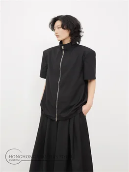 Темно-новый китайский воротник-стойка, свободная наплечная накладка на молнии, рубашка на заказ с коротким рукавом