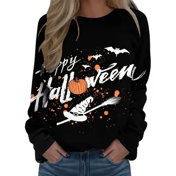 Толстовки для вечеринки на Хэллоуин, пуловеры, женская толстовка с круглым вырезом и графическим принтом в виде цветных блоков, повседневная осенняя блузка с длинным рукавом, футболка
