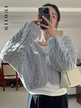 Укороченные кардиганы IUOIIN, женские свитера, осень-зима 2023, Корейский модный повседневный свитер, Однотонная Мягкая Удобная одежда с V-образным вырезом