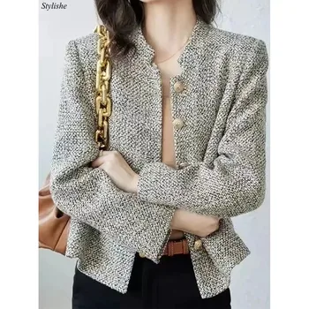 Укороченный твидовый пиджак, женское осеннее офисное элегантное тонкое пальто с воротником-стойкой, женские винтажные куртки на пуговицах, Серая одежда, классика