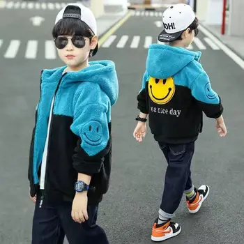Флисовая куртка для больших мальчиков с капюшоном на молнии в стиле пэчворк с мультяшной улыбкой и буквенным принтом 2023, осень-зима, свободный Корейский стиль от 5 до 14 лет