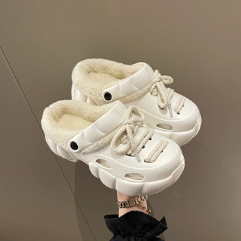 Хлопчатобумажные тапочки на толстой подошве, женские зимние бархатные туфли с дырочками, Женские белые внешние тапочки Baotou, плюс бархатные теплые женские тапочки с двумя шлепанцами